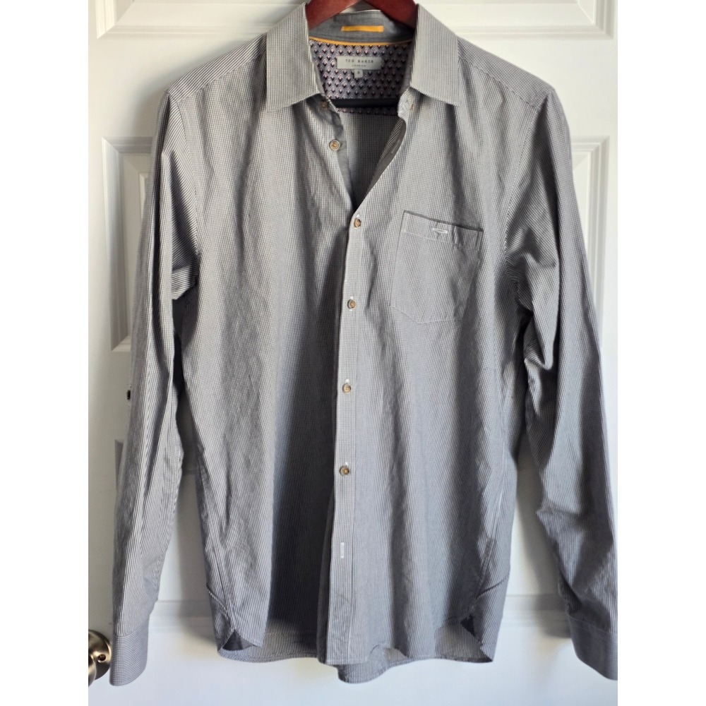 Ted Baker London Mens Micro Gingham Button Down Shirt Navy White Size 5 XL